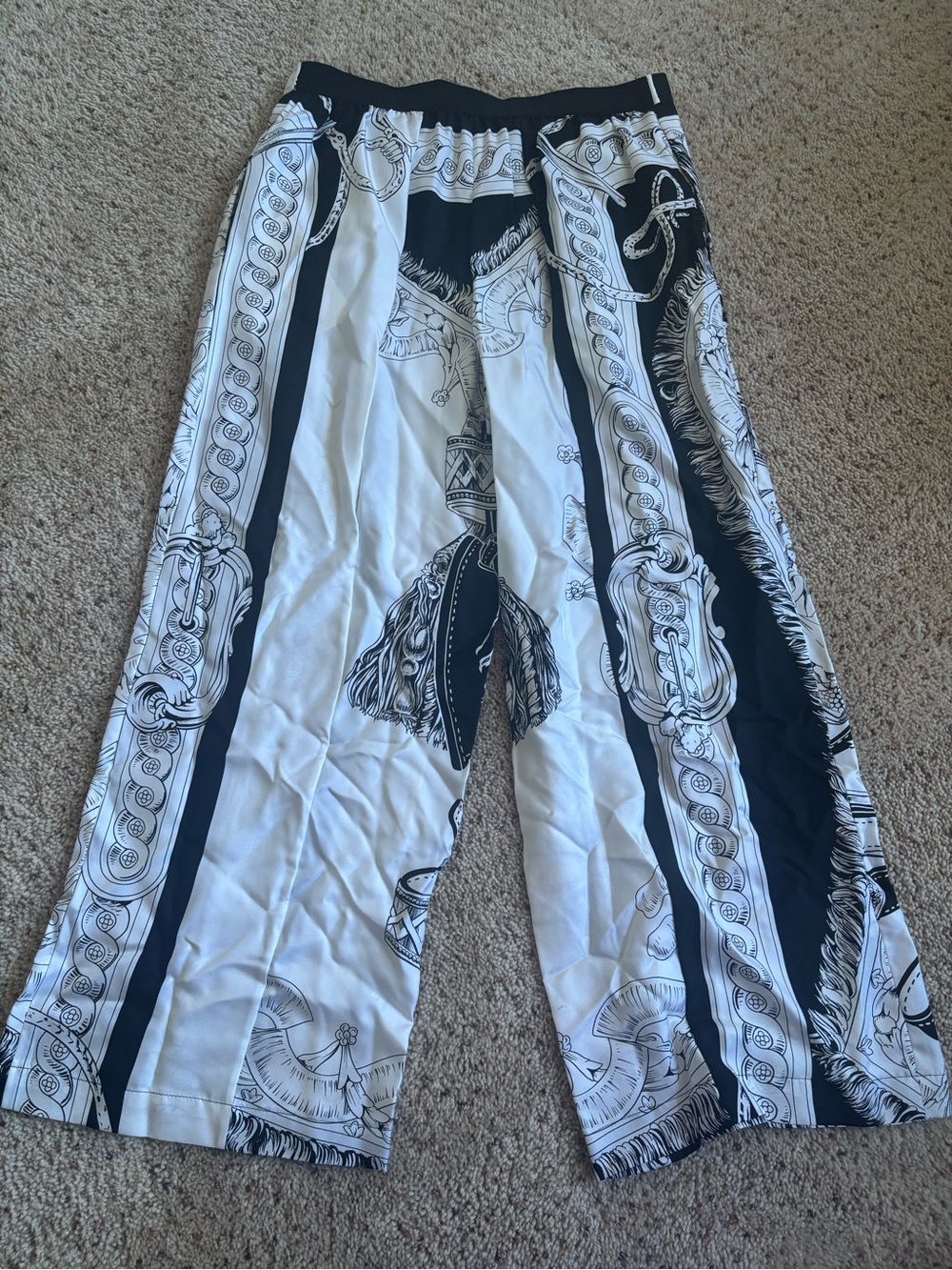 Hermes Black and White 100% Silk Wide Leg Pants NWT